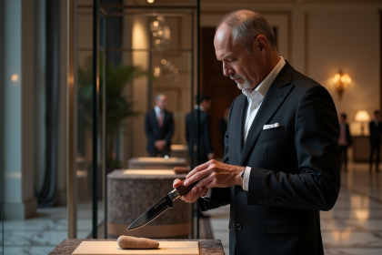 Homme élégant examinant un couteau de luxe dans une salle d'enchères