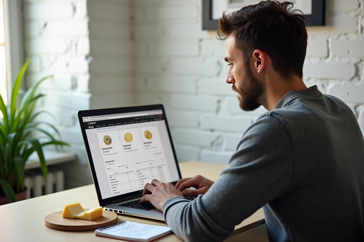 Jeune homme comparant les prix au kilo du Beaufort sur plusieurs sites internet depuis son bureau à domicile