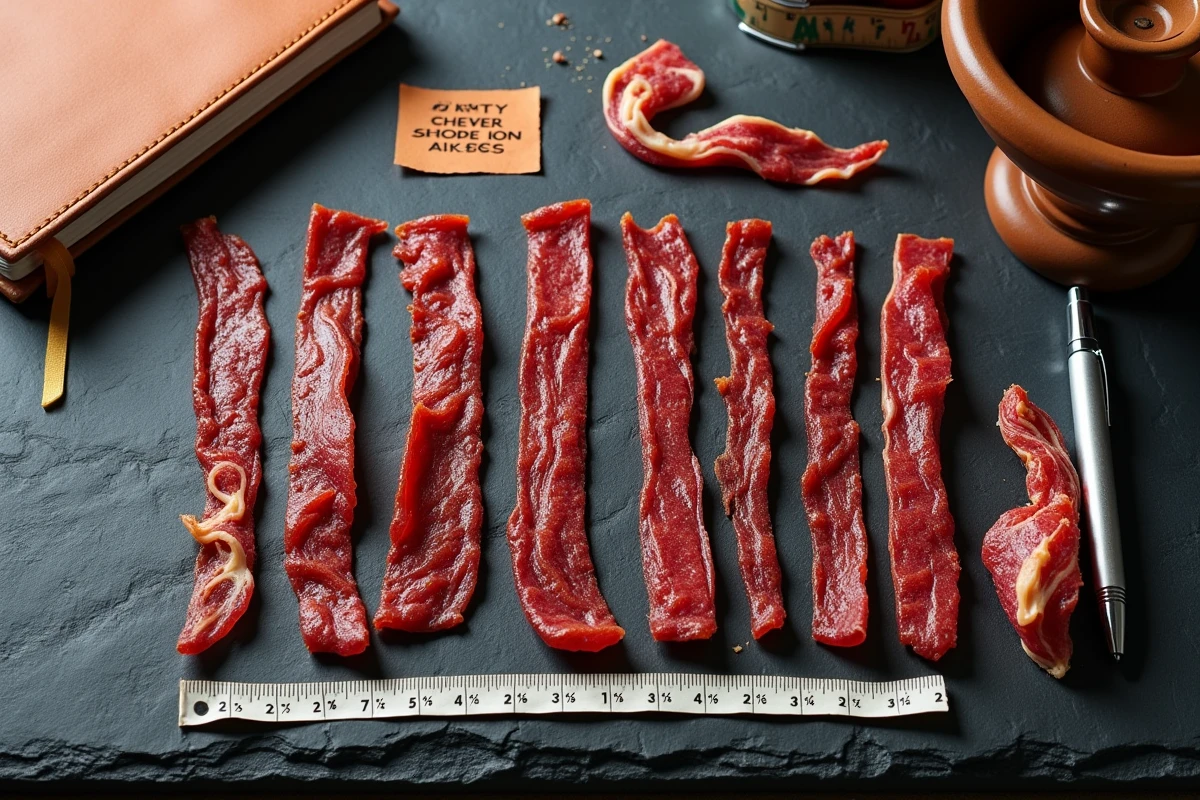 Comparatif de tranches de beef jerky sur ardoise noire avec étiquette et éléments d'analyse qualité