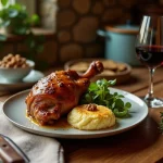 Assiette de confit de canard express avec gratin dauphinois et salade verte sur une table en bois rustique pour un dîner improvisé