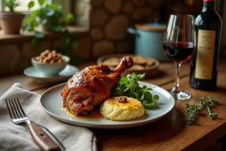 Assiette de confit de canard express avec gratin dauphinois et salade verte sur une table en bois rustique pour un dîner improvisé