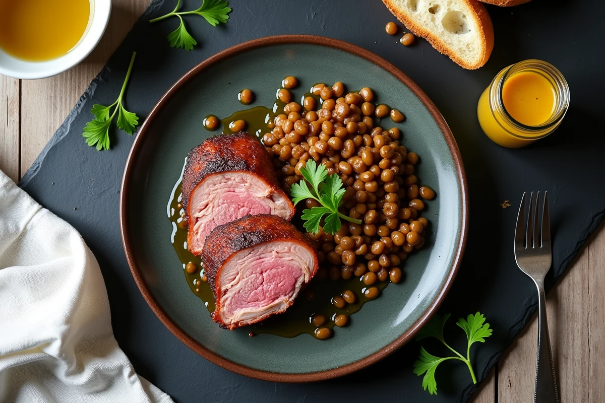 Vue de dessus d'une assiette de confit de canard avec lentilles du Puy et moutarde de Dijon sur ardoise pour un dîner express