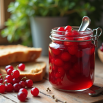 Pot de confiture de groseille maison sur une table en bois