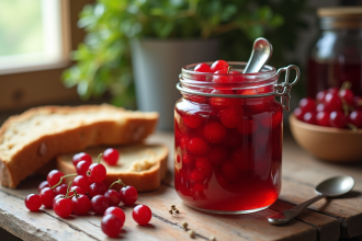 Pot de confiture de groseille maison sur une table en bois