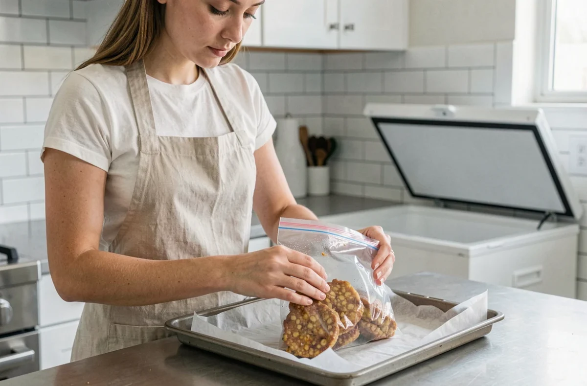 Femme préparant des beignets à la banane pour la congélation dans des sacs de conservation hermétiques