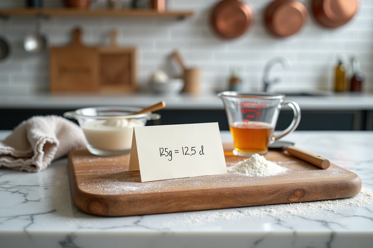 Fiche de conversion 125g en cl posée sur une planche à découper avec une tasse graduée dans une cuisine parisienne
