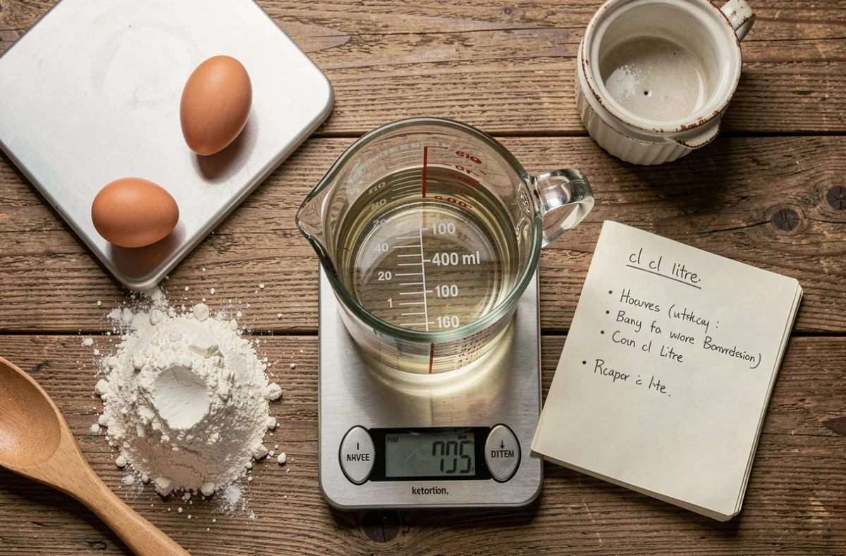 Vue aérienne d'un verre doseur à 400 ml entouré d'ingrédients de pâtisserie et de notes de conversion cl en litre sur une table en bois