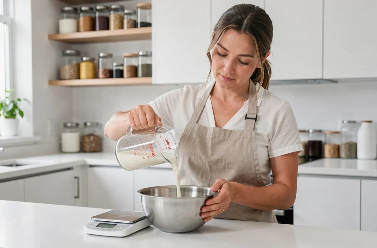 Femme cuisinière versant du lait depuis une tasse à mesurer vers un bol avec une balance de cuisine affichant des grammes à côté