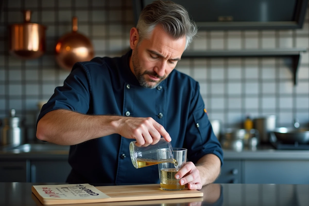 Chef cuisinier comparant des mesures en grammes et centilitres avec un tableau de conversion manuscrit en cuisine professionnelle