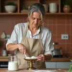Femme mesurant de la farine sur une balance de cuisine vintage avec un verre doseur en verre, tableau de conversion grammes et litres pour recettes