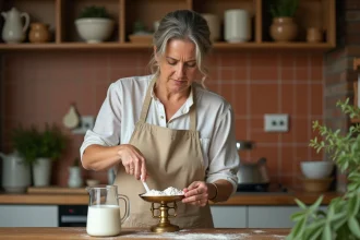 Femme mesurant de la farine sur une balance de cuisine vintage avec un verre doseur en verre, tableau de conversion grammes et litres pour recettes