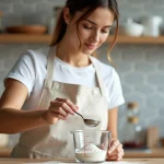 Femme versant de la farine avec une cuillère dans un verre doseur gradué sur un plan de travail en bois, conversion grammes en litres en cuisine