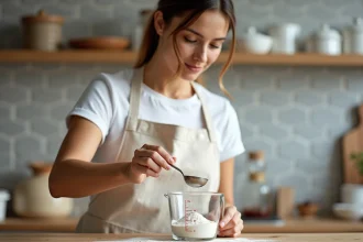 Femme versant de la farine avec une cuillère dans un verre doseur gradué sur un plan de travail en bois, conversion grammes en litres en cuisine
