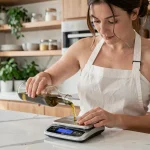 Femme versant de l'huile d'olive sur une balance de cuisine numérique pour convertir des litres en kilogrammes