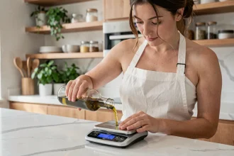 Femme versant de l'huile d'olive sur une balance de cuisine numérique pour convertir des litres en kilogrammes