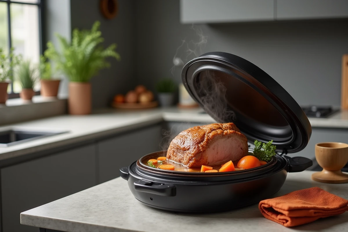 Cookeo ouvert avec rôti de porc cuit dans un bouillon de fond de veau aux légumes