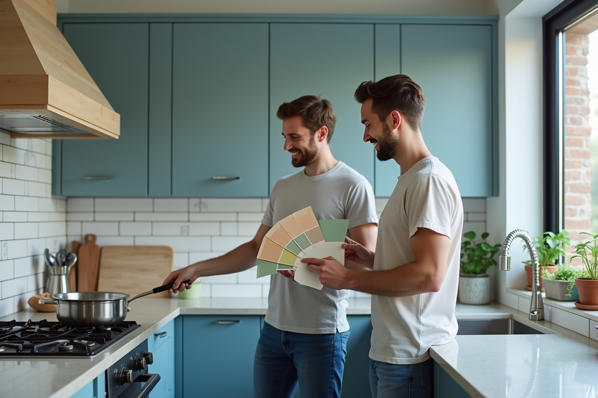 Jeune couple dans une cuisine bleue grise moderne et accueillante