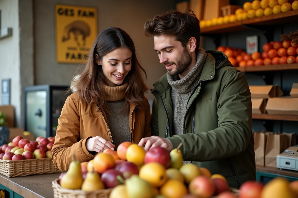 Couple de jeunes adultes découvrant des fruits de saison dans un primeur de quartier aux produits régionaux