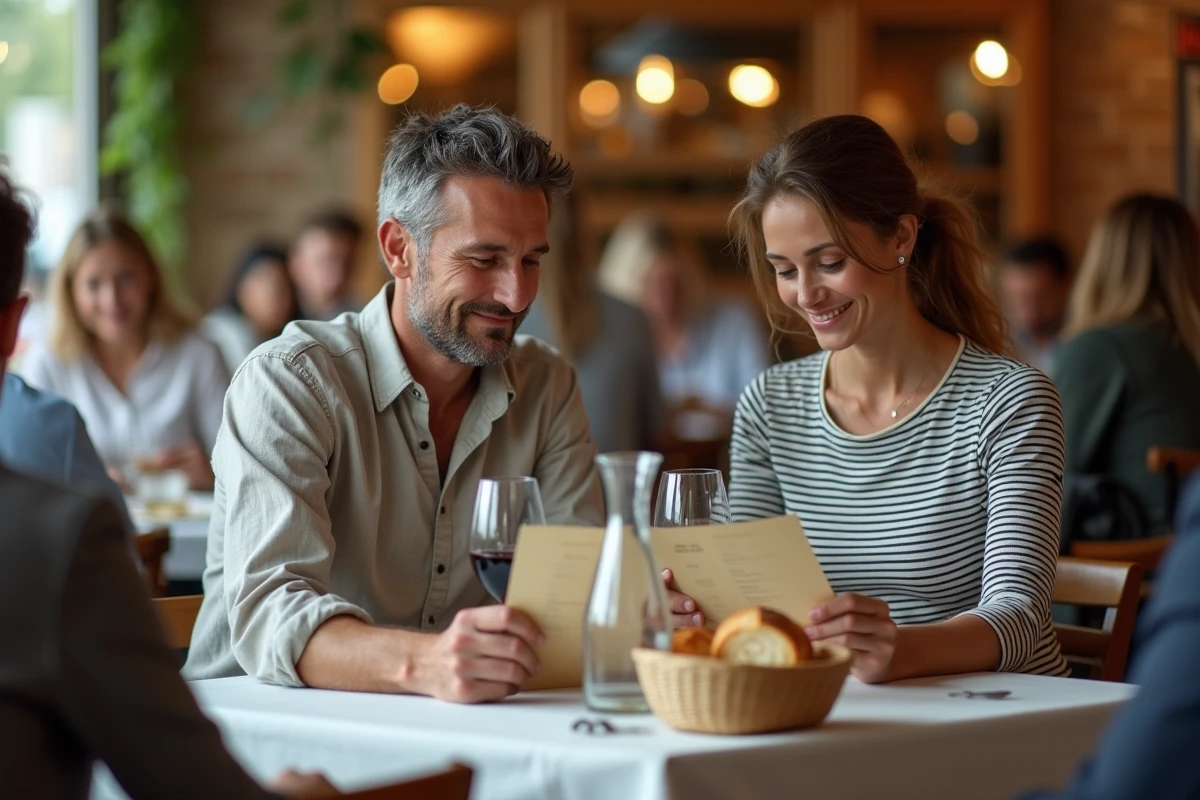 Couple en train de consulter la carte au Bistrot Paul Bert sans réservation un mardi après-midi dans un restaurant parisien animé