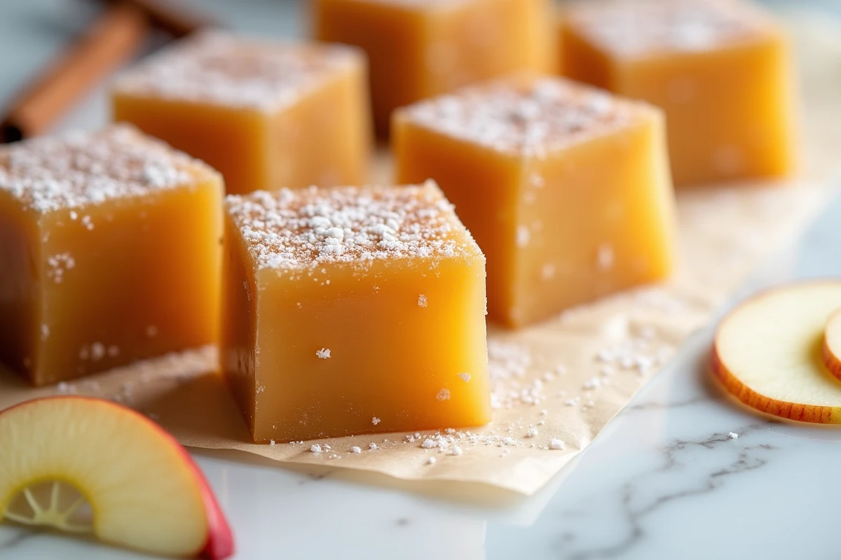 Cubes de pâte de fruit à la pomme saupoudrés de sucre cristallisé sur du papier parchemin et marbre blanc