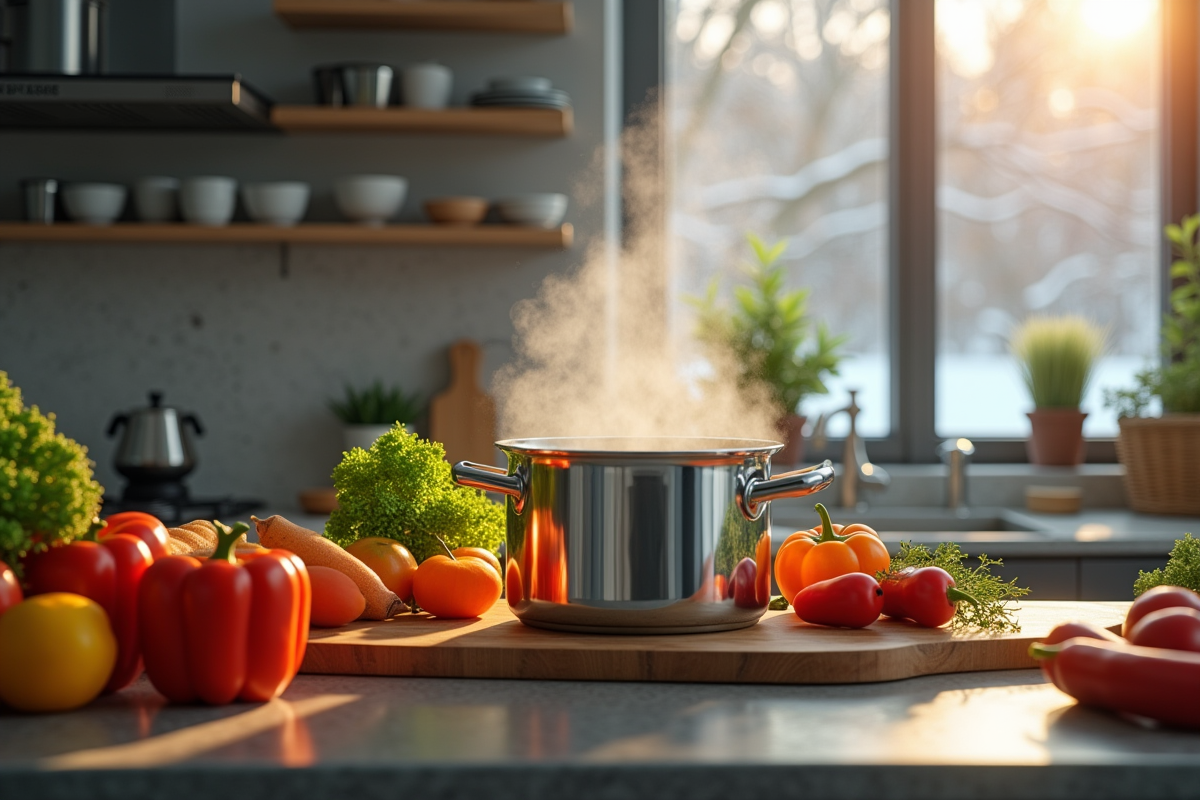 Canned vegetables being poured dans une casserole moderne