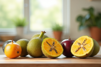 Plan de cuisine avec fruits frais jujube et jacquier