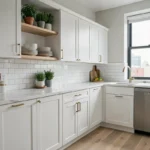 Cuisine IKEA transformée en look haut de gamme avec poignées en laiton brossé et plan de travail en quartz blanc