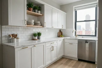 Cuisine IKEA transformée en look haut de gamme avec poignées en laiton brossé et plan de travail en quartz blanc