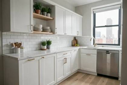 Cuisine IKEA transformée en look haut de gamme avec poignées en laiton brossé et plan de travail en quartz blanc