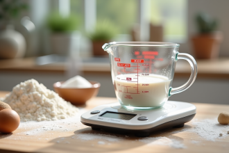 Scène de cuisine avec tasse à mesurer et balance numérique ingrédients