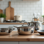 Plan rapproché d'une cuisine moderne avec ustensiles en acier inoxydable