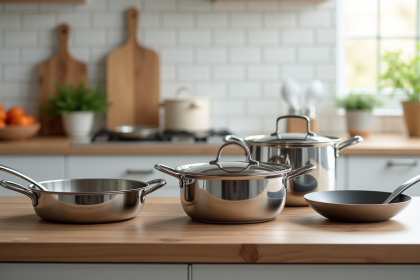 Plan rapproché d'une cuisine moderne avec ustensiles en acier inoxydable