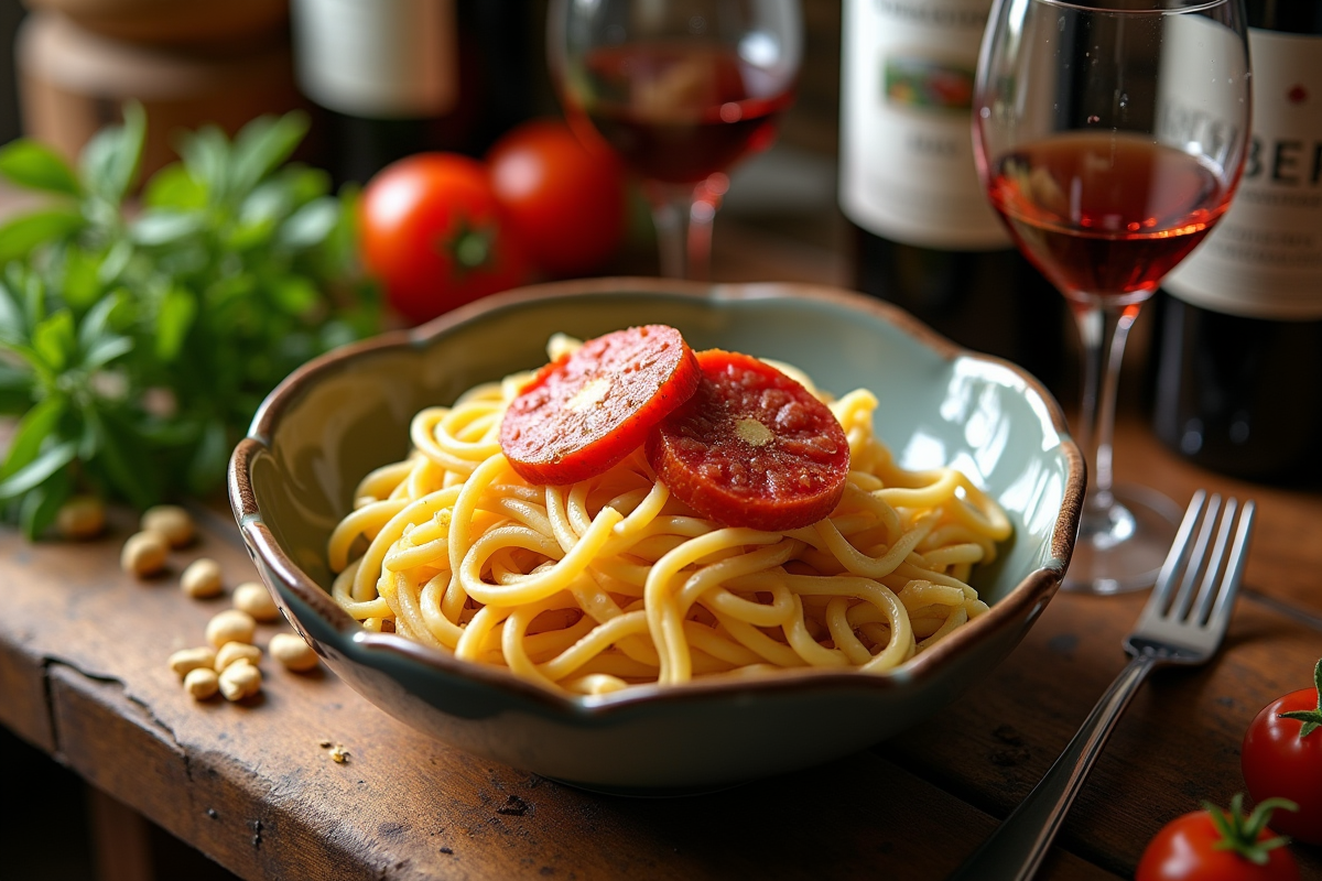 Plan de la cuisine rustique avec pasta et vins sur planche en bois