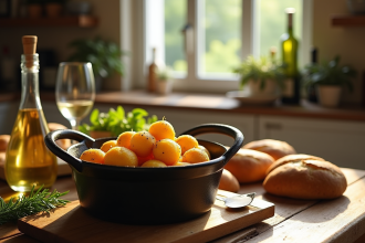Table rustique avec cocotte de diots de Savoie et pommes de terre