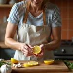 Femme pressant un citron frais sur une planche à découper avec des herbes et légumes dans une cuisine maison