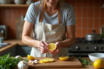 Femme pressant un citron frais sur une planche à découper avec des herbes et légumes dans une cuisine maison
