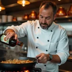 Chef professionnel versant du Jägermeister dans une poêle en fonte sur un fourneau de restaurant lors d'une cuisson