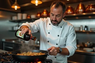 Chef professionnel versant du Jägermeister dans une poêle en fonte sur un fourneau de restaurant lors d'une cuisson