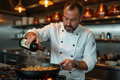 Chef professionnel versant du Jägermeister dans une poêle en fonte sur un fourneau de restaurant lors d'une cuisson
