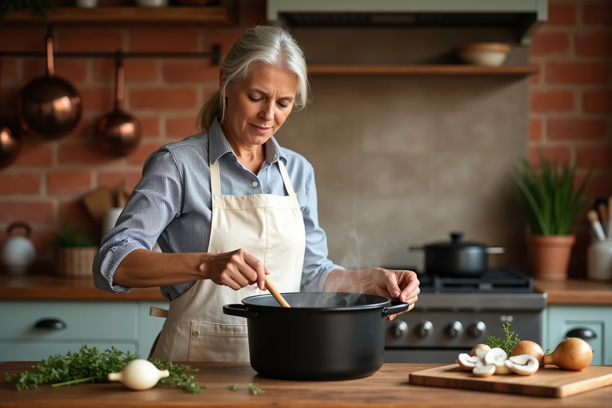 Femme cuisinant une blanquette de veau dans une cocotte en fonte émaillée dans une cuisine française traditionnelle