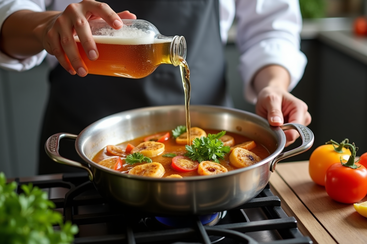 Chef versant bière belge dans une casserole en cuisine