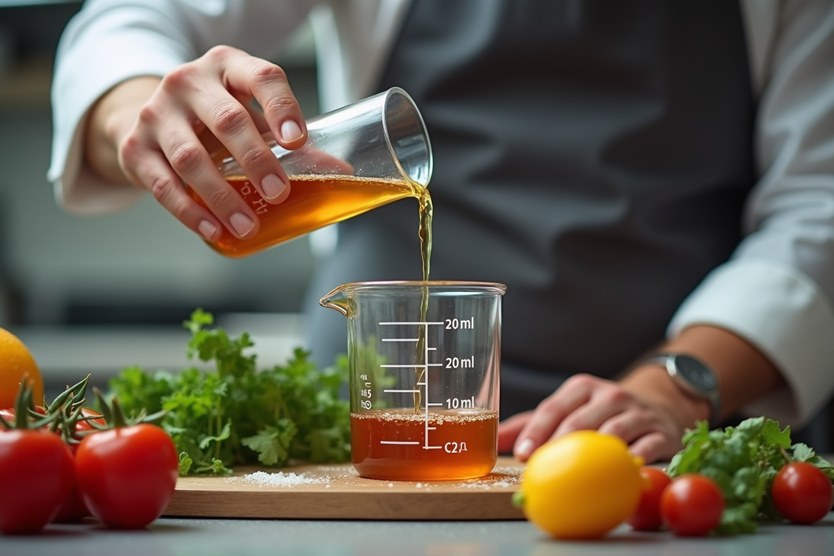 Cuisinier versant liquide dans un grand verre mesureur en cuisine