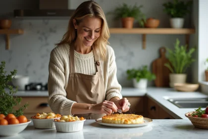 Femme en cuisine préparant un gratin d'endives au jambon