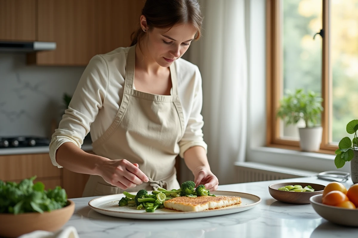 Femme cuisinant du poisson blanc avec broccolini et courgettes dans une cuisine moderne style scandinave