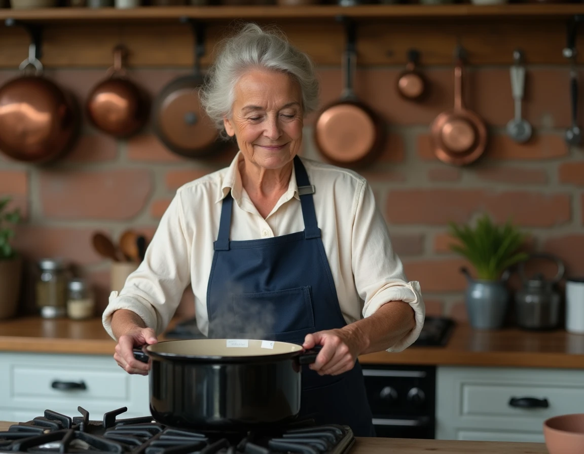 Femme cuisinant un rôti de porc en cocotte sur une cuisinière à gaz dans une cuisine rustique française