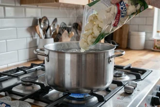 Chou-fleur surgelé versé dans une casserole d'eau bouillante sur une gazinière moderne
