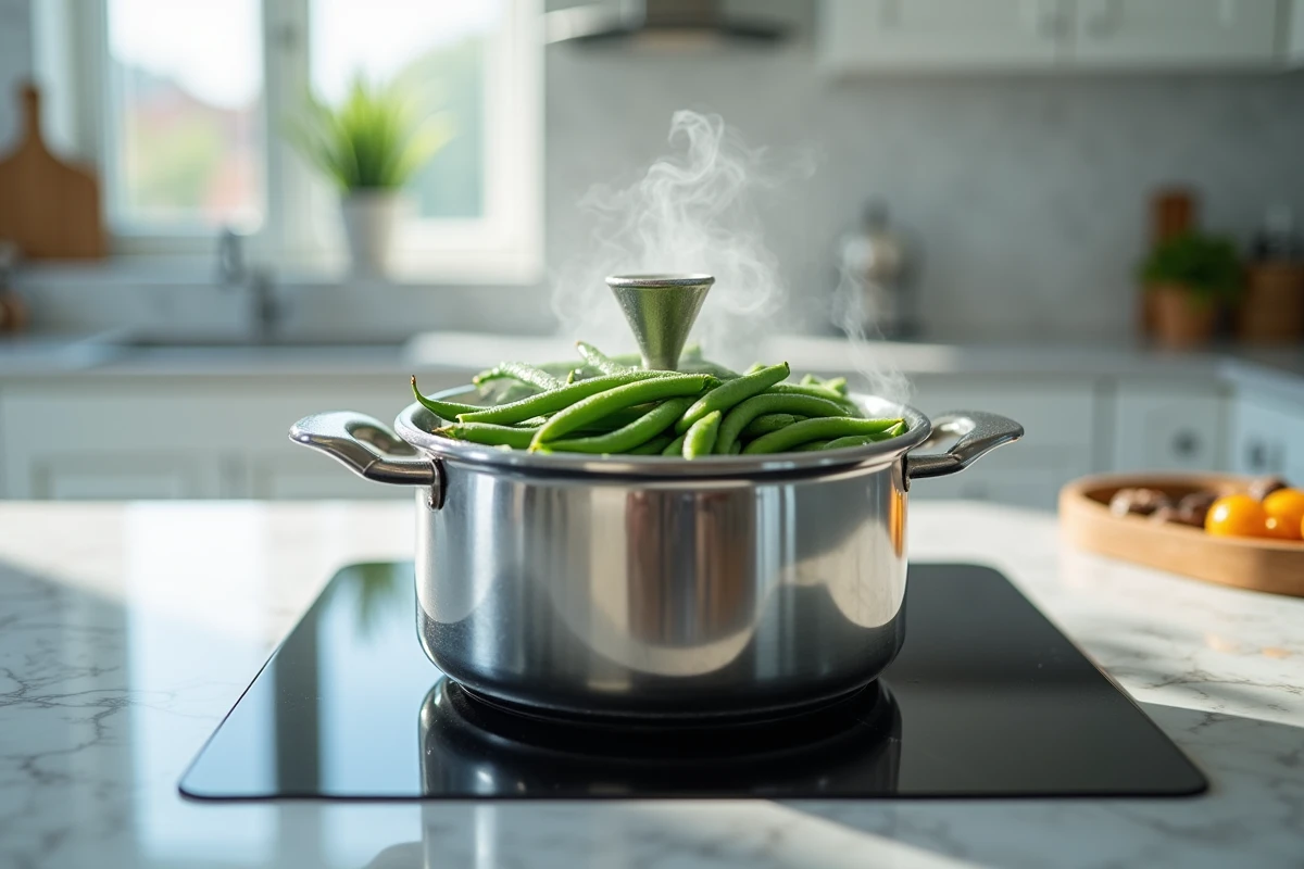 Cocotte minute sur plaque à induction avec des haricots verts en cours de cuisson vapeur