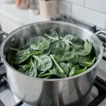 Grande quantité d'épinards en train de cuire dans une casserole en inox sur une cuisinière à gaz