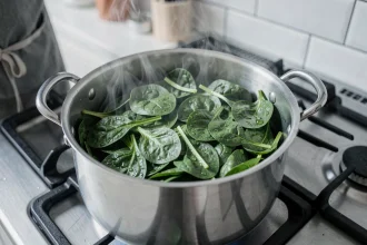 Grande quantité d'épinards en train de cuire dans une casserole en inox sur une cuisinière à gaz