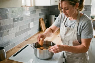 Femme plaçant des œufs entiers dans une casserole d'eau froide sur une cuisinière moderne pour une cuisson parfaite
